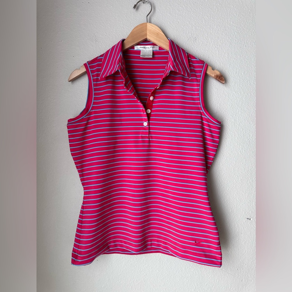 Nike Golf Dri Fit Red and Blue Striped Women's Golf Shirt Size Small